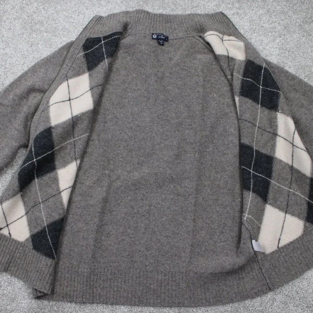 J Crew Lambswool‎ Sweater Mens Large Gray/Blue Argyle Full Zip L/S Sweatshirt